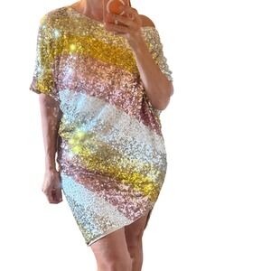 Trina Turk Radiant Sequin Dress Gold Silver Rose Gold Stripe Womens Medium NWT